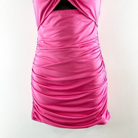 Lucy In The Sky Ruched Halter Key Ring Cutout Bodycon Mini Dress Pink Small - Picture 6 of 10